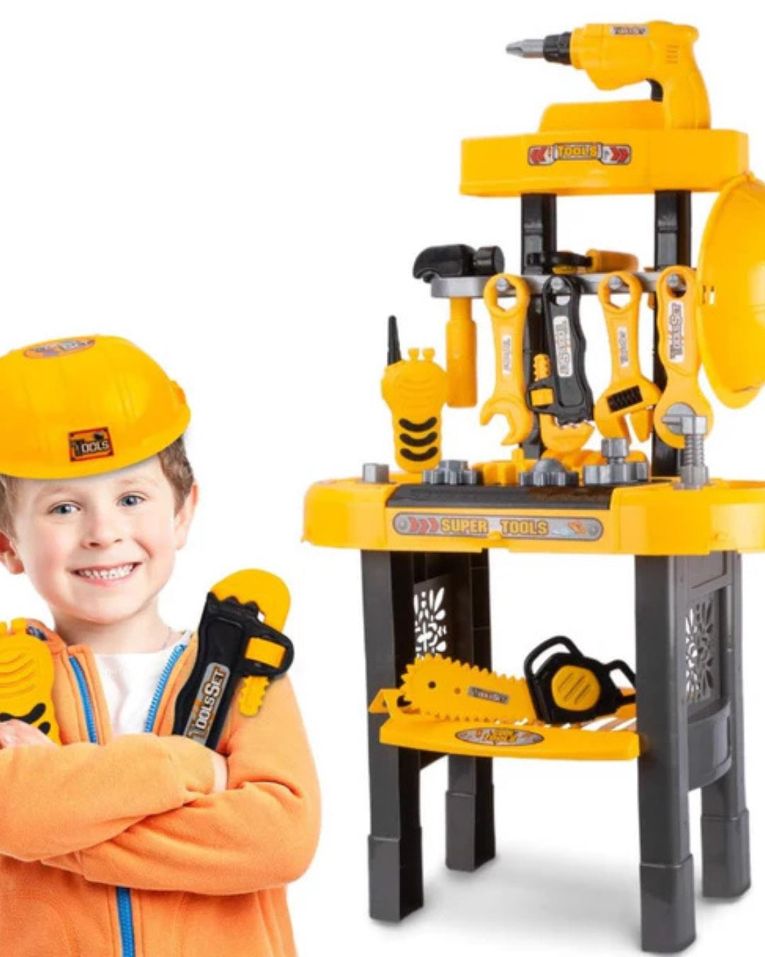 Play workbench with tools, kids' workshop